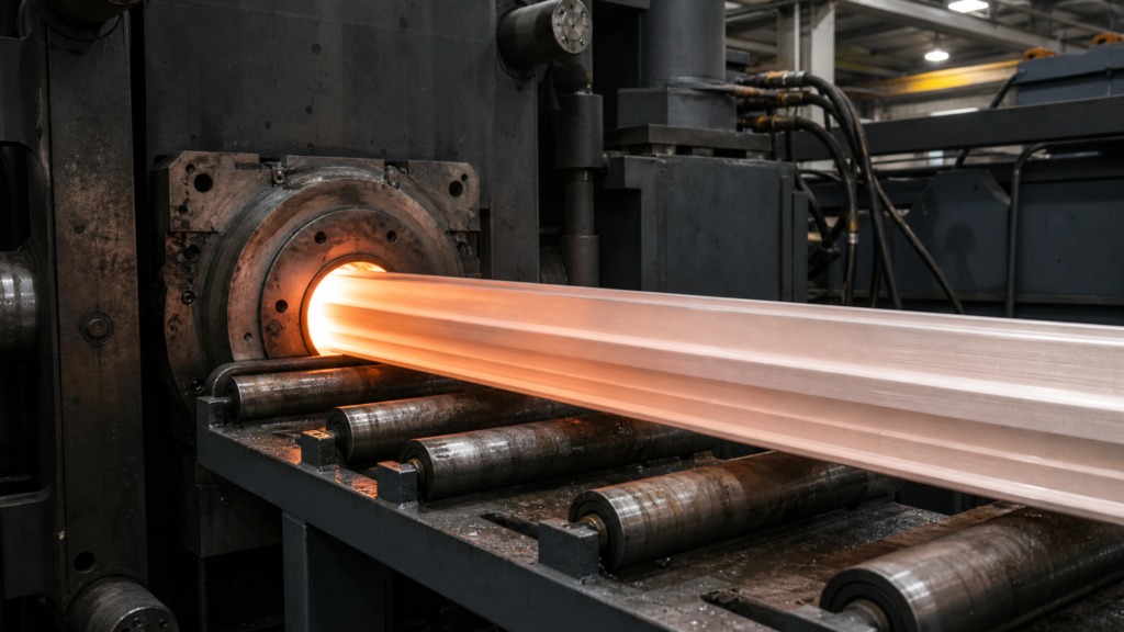 Hot aluminium extrusion profile emerging from the die onto the run-out table during a die trial run