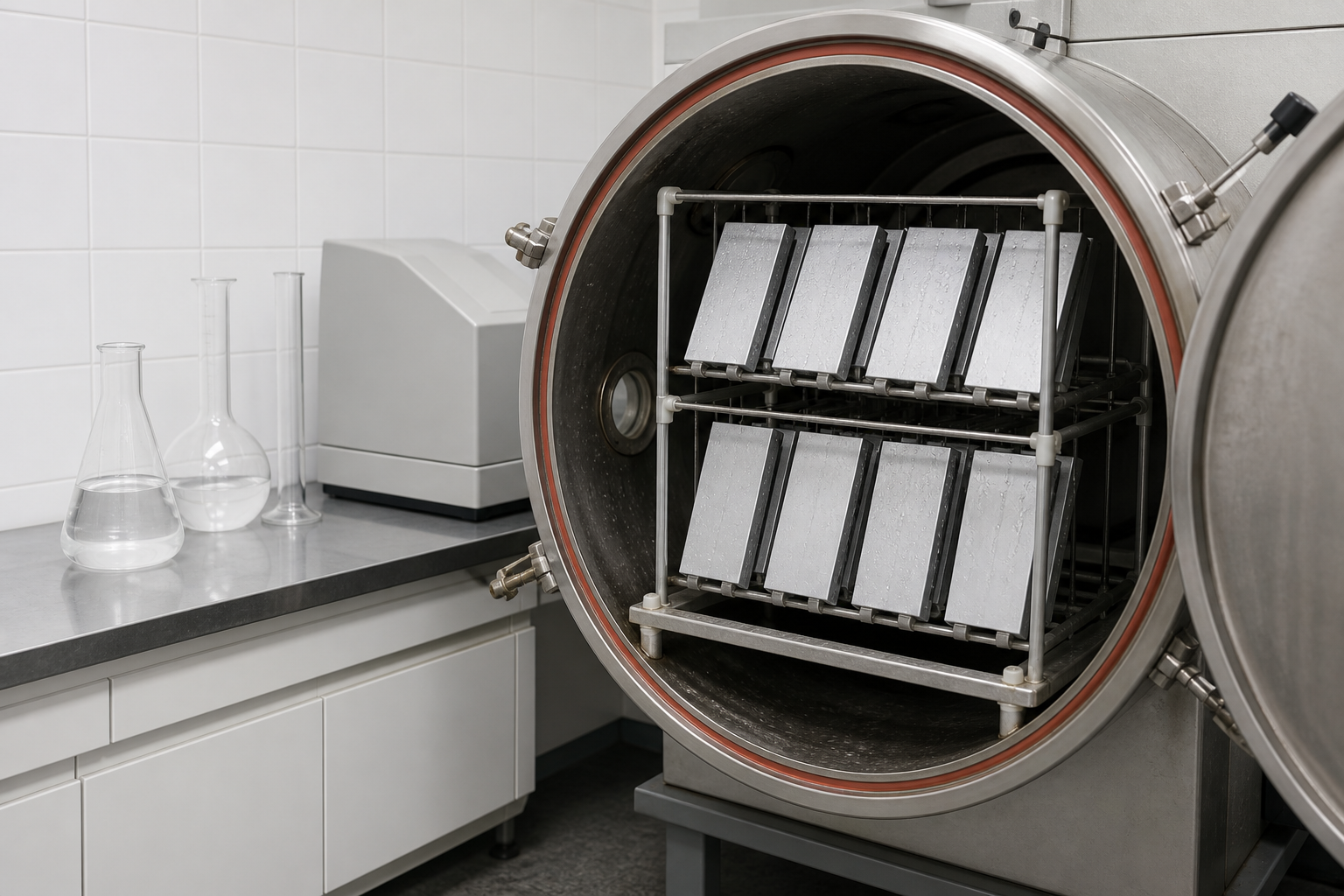 Aluminium test panels on a rack inside an opened salt-spray test chamber