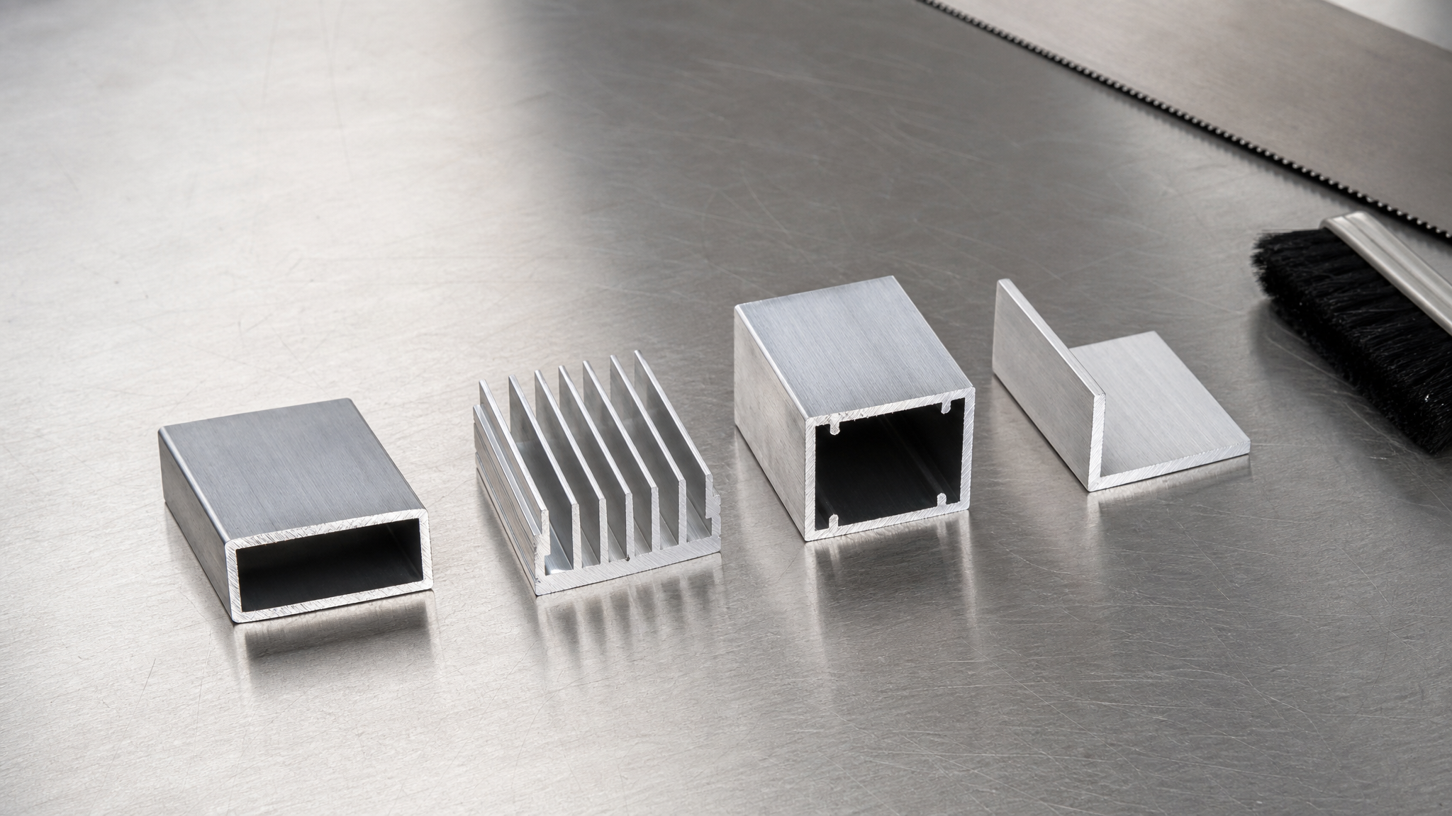 Four cut aluminium profile cross-sections laid out on a stainless steel bench for a wall thickness and section check