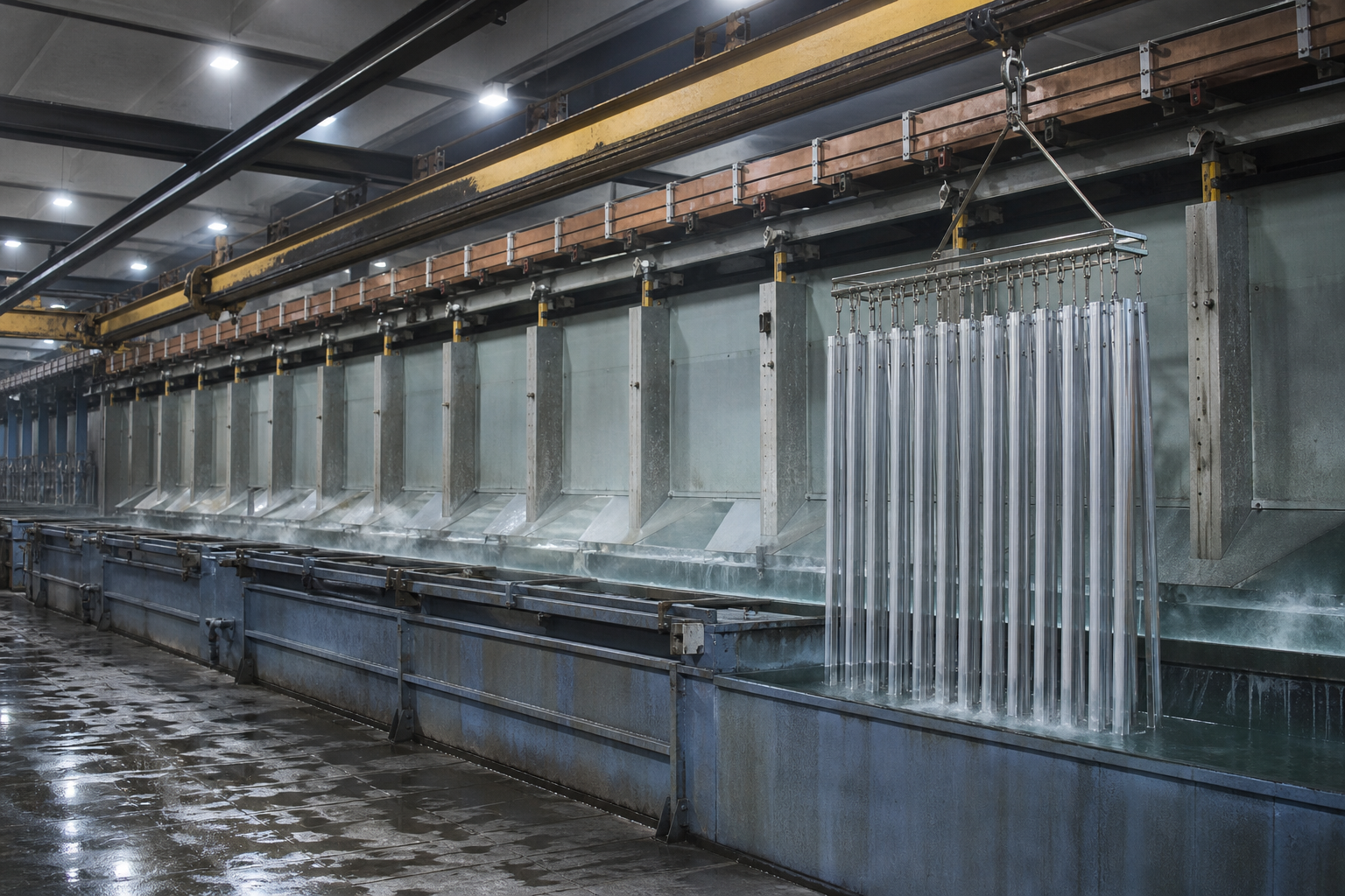 Racks of aluminium profiles lowered into anodizing tanks on a production line