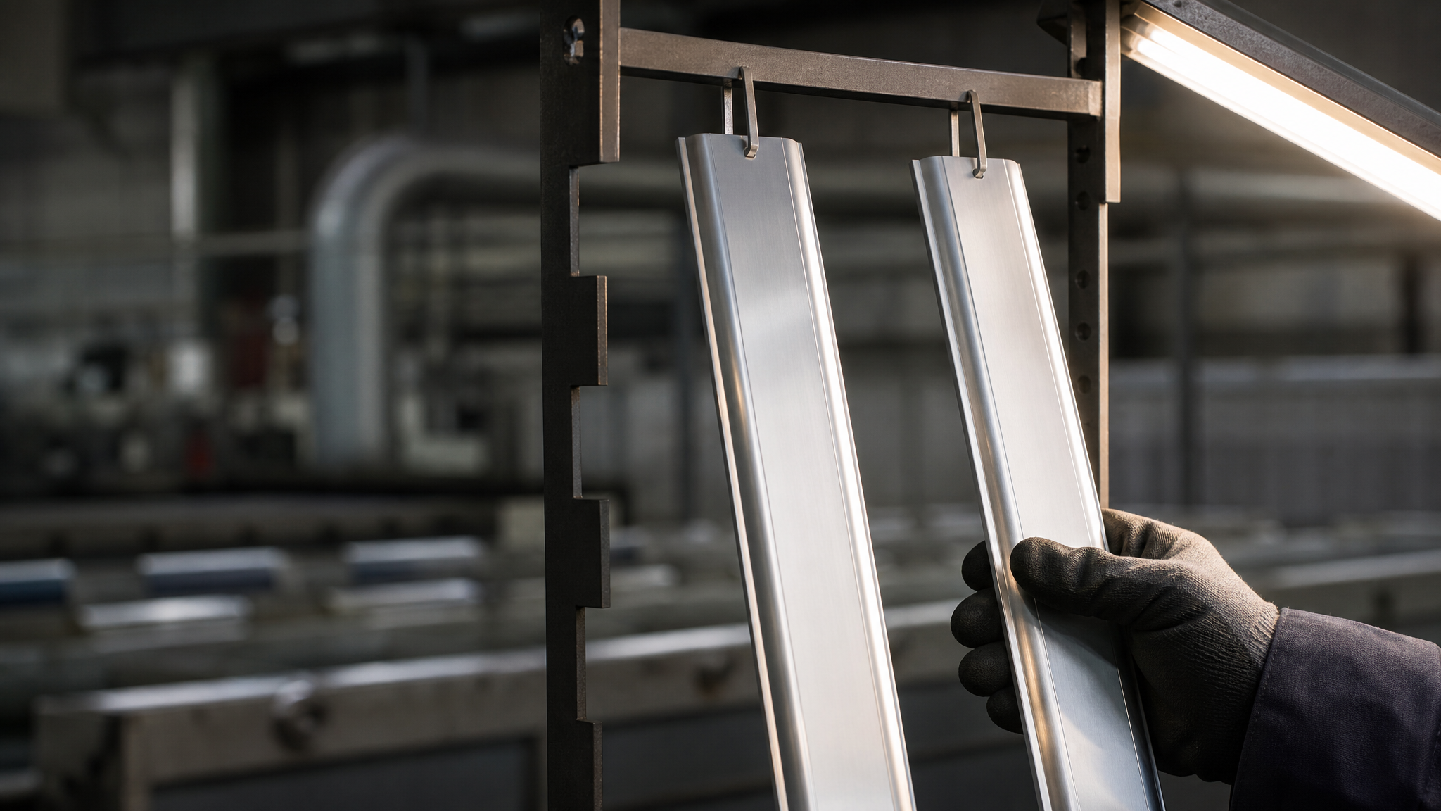 Clear anodised aluminium profile samples hanging on a titanium jig being inspected under a bright inspection lamp
