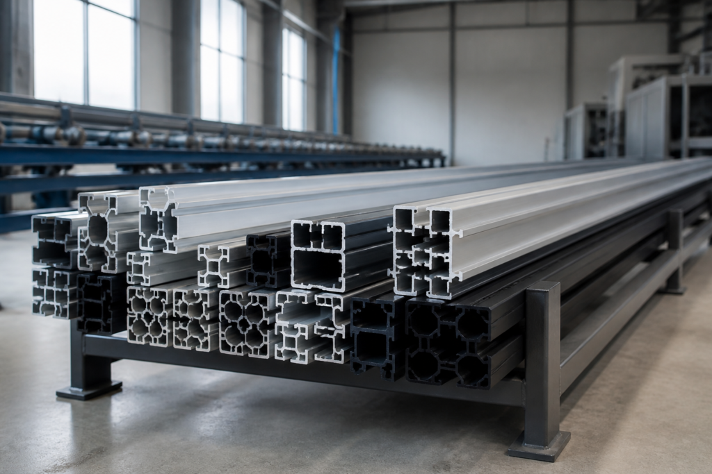 Anodized aluminium extrusion profiles stacked on a workshop rack