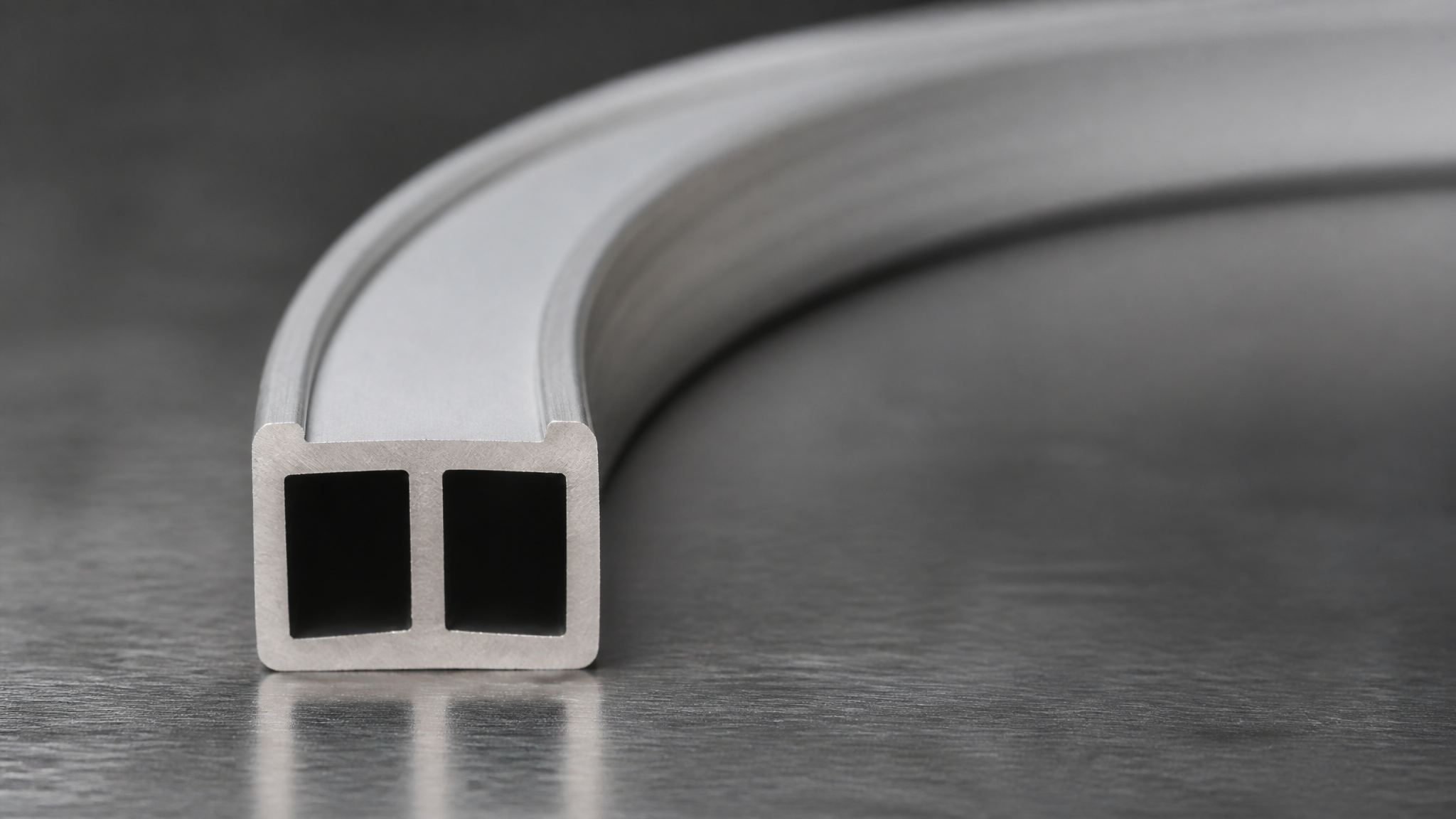 Cross-section of a bent hollow aluminium extrusion showing uniform wall thickness and internal cavities