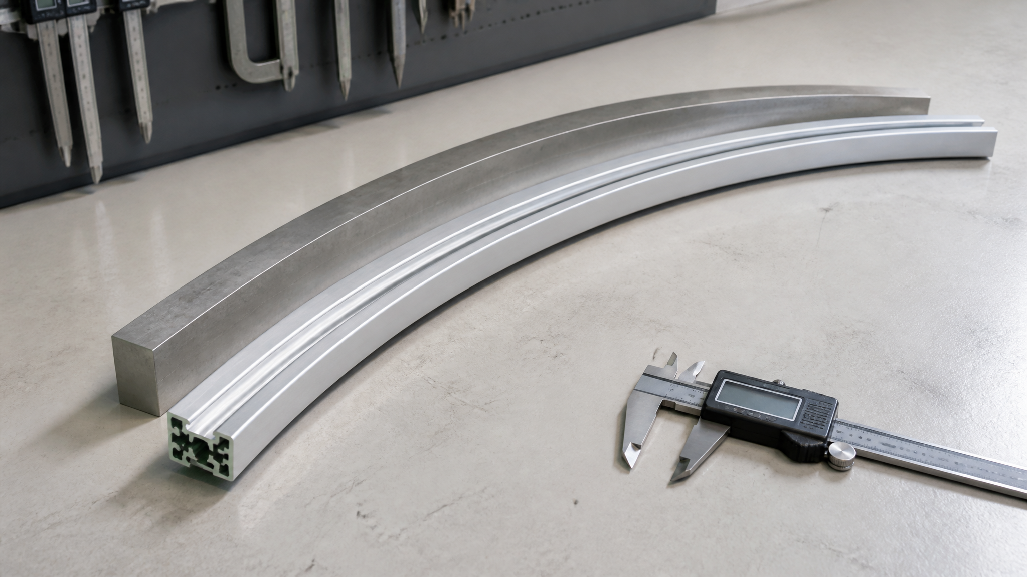 Curved aluminium extrusion checked against a matching template on an inspection bench