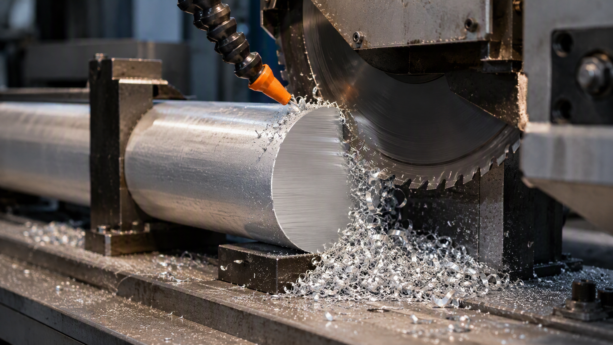 Circular saw cutting an aluminium extrusion billet to length at the press line