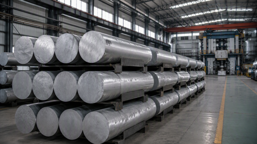 Stacked aluminium extrusion billets ready for the press in an extrusion plant
