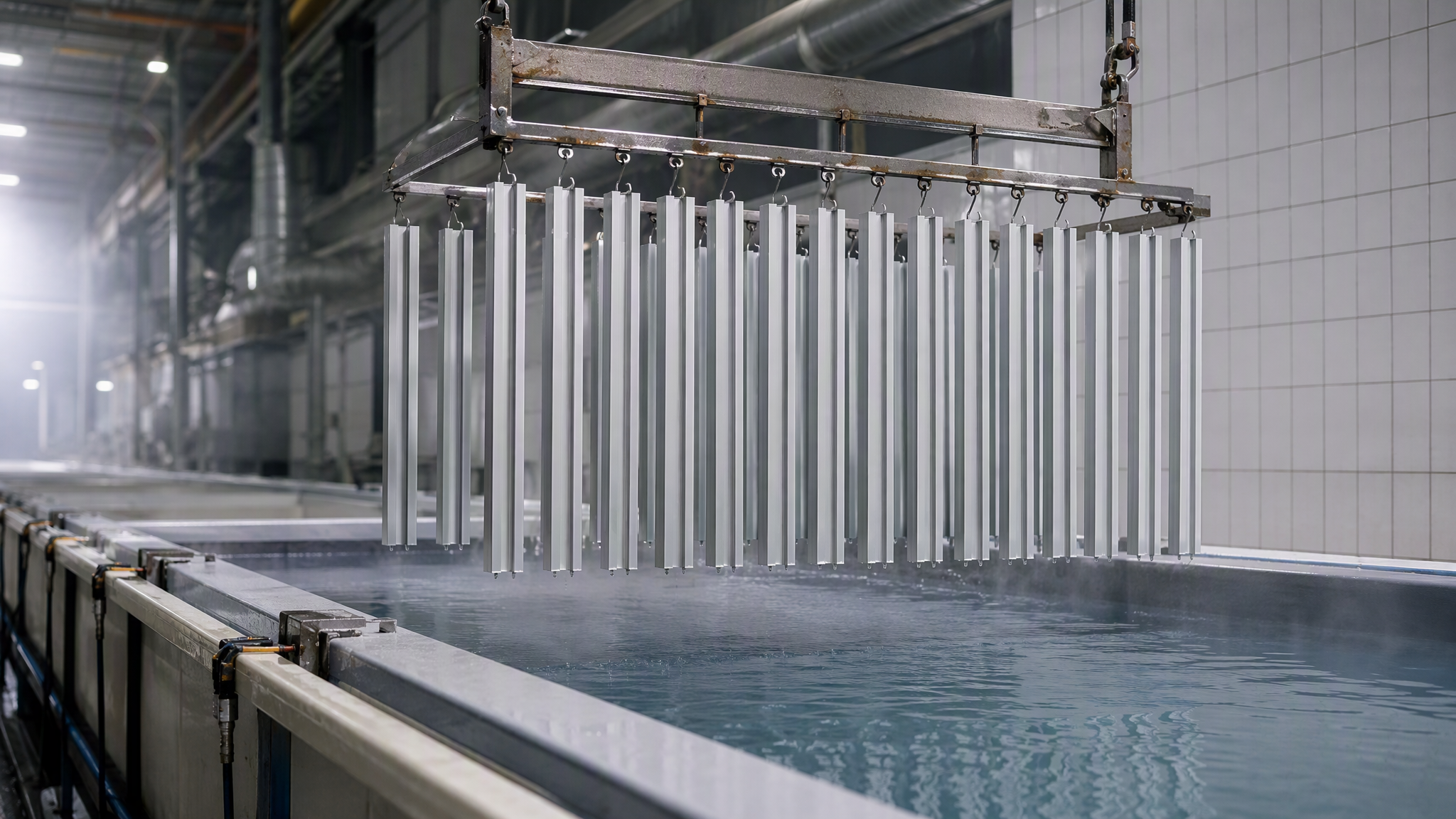 Clear anodised aluminium profiles on a jig being lowered into an anodising tank