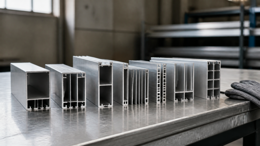 Extruded aluminium profile cross-sections on a workshop bench