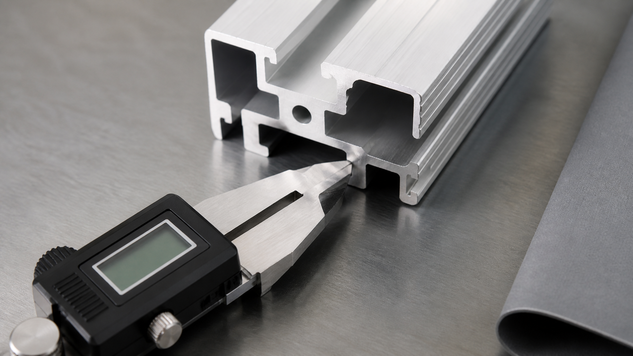 Digital caliper measuring the wall thickness of an extruded aluminium profile