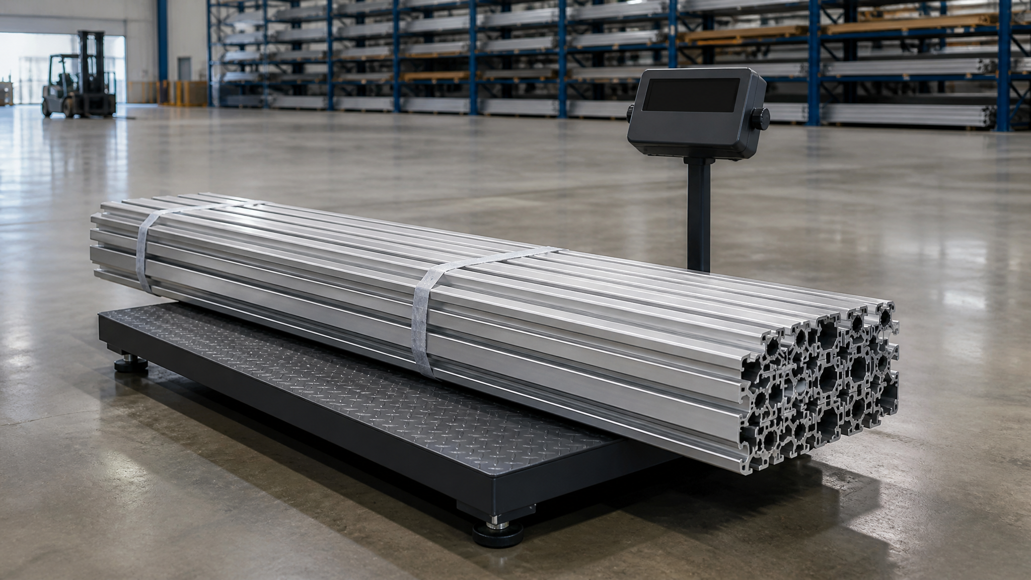 Bundle of aluminium extrusions resting on an industrial floor scale in a factory