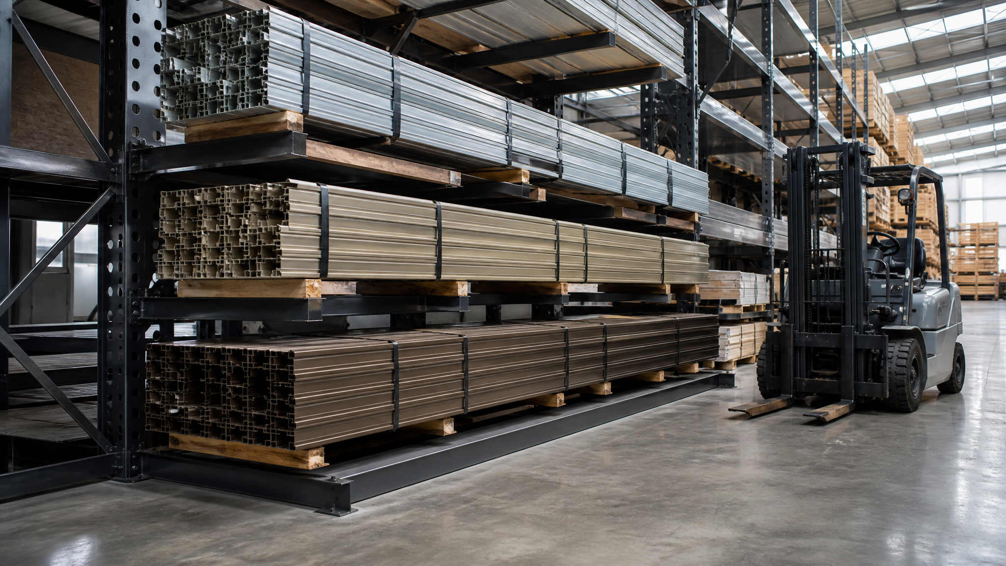 Storage rack holding strapped bundles of anodised aluminium profiles in different finishes