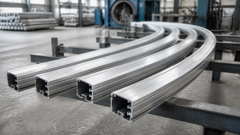 Curved aluminium extrusion profiles on a rack in an aluminium extrusion plant