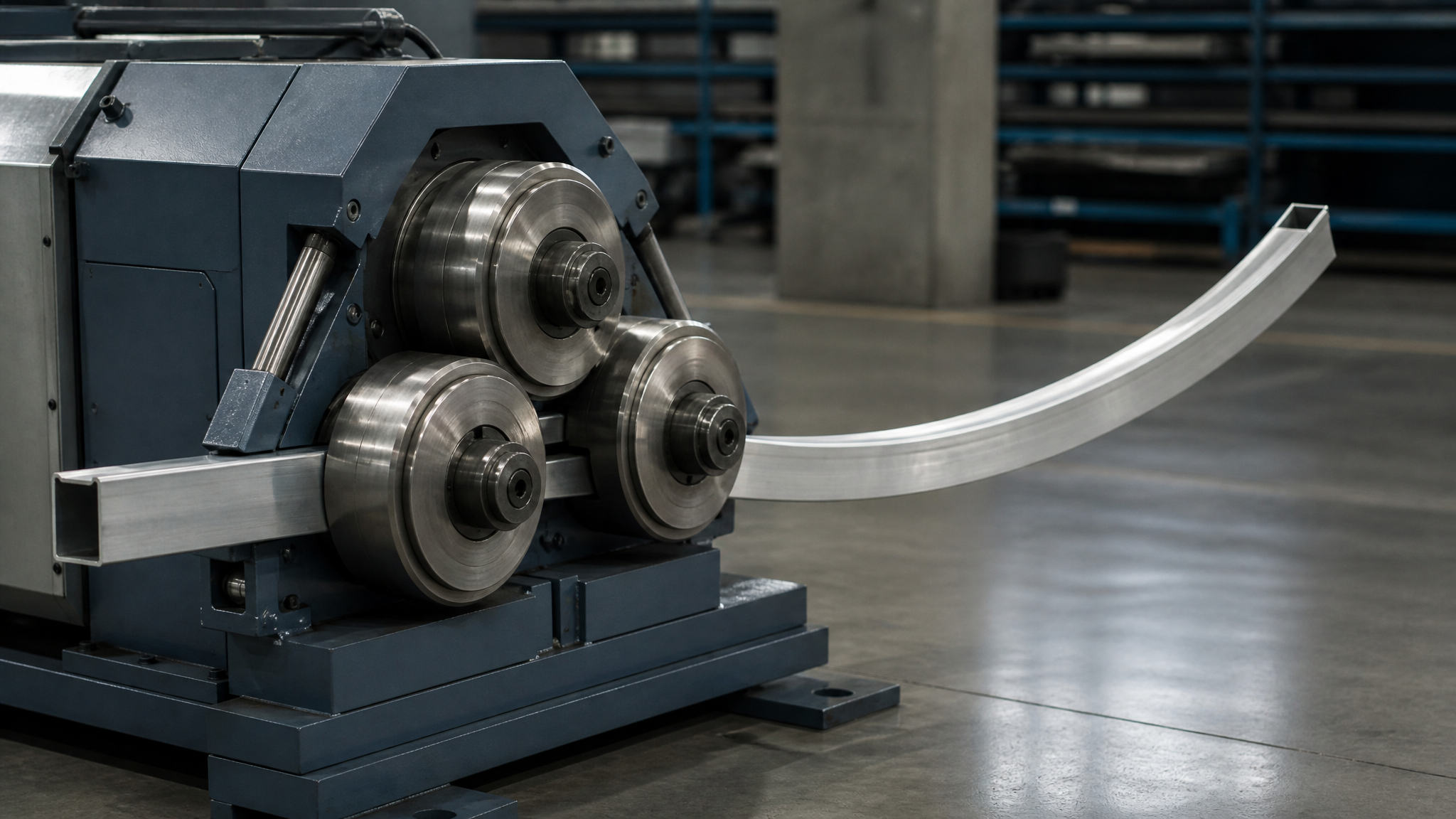 Three-roll profile bender forming a long aluminium extrusion into a smooth arc